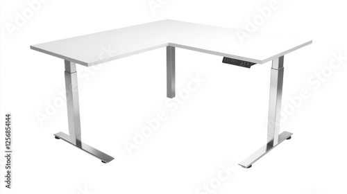 White L-shaped standing desk, modern office, power outlet