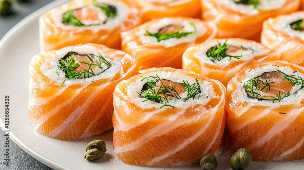 A plate of delicious sushi rolls featuring fresh salmon, avocado, and herbs, beautifully arranged for a tempting presentation. A plate of delicious sushi rolls featuring fresh salmon, avocado, and herbs, beautifully arranged for a tempting presentation.