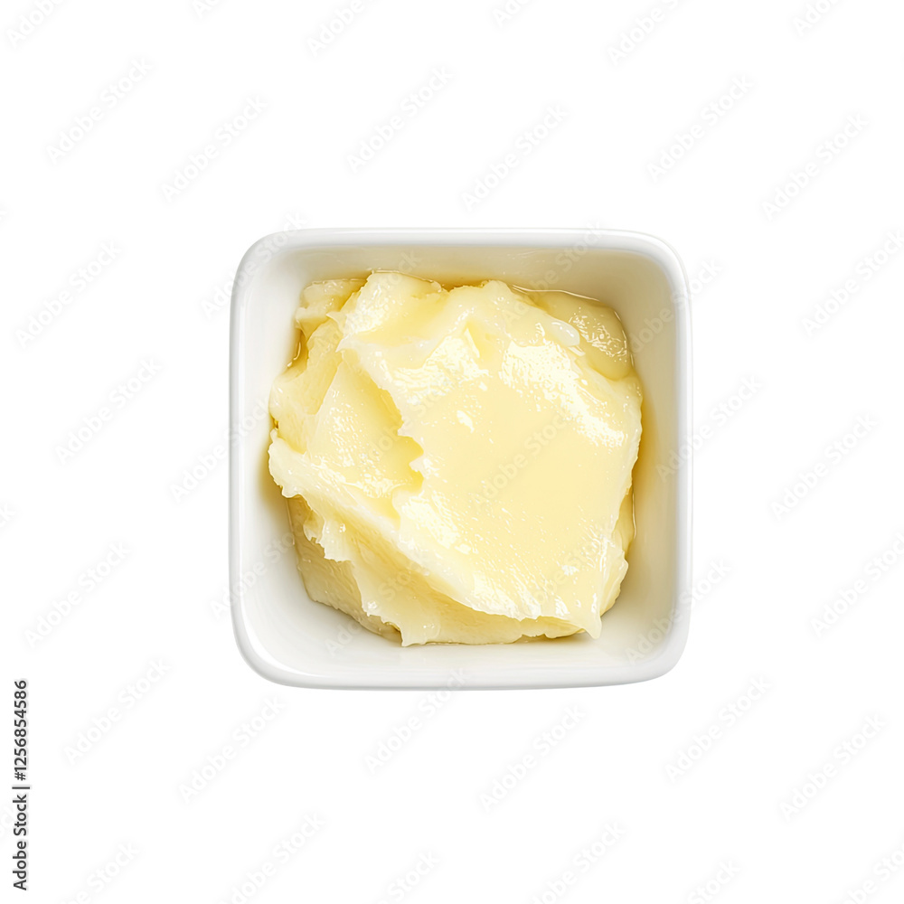 Creamy butter in small white dish, perfect for cooking or spreading. This rich ingredient adds flavor and texture to various dishes, enhancing culinary experiences Creamy butter in small white dish, perfect for cooking or spreading. This rich ingredient adds flavor and texture to various dishes, enhancing culinary experiences