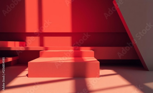 Obraz na płótnie A play of light and shadow on platforms in a room with red and yellow hues architecture photographyarchitecture city building urban design exterior background tourism w salonie