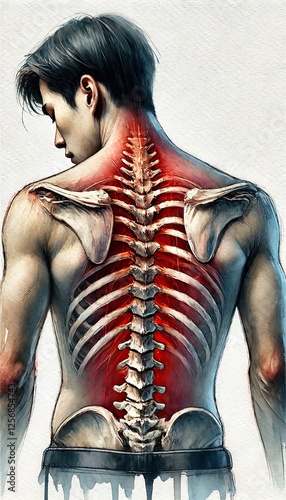 Anatomical illustration of human spine and musculature medical art studio artistic perspective photo