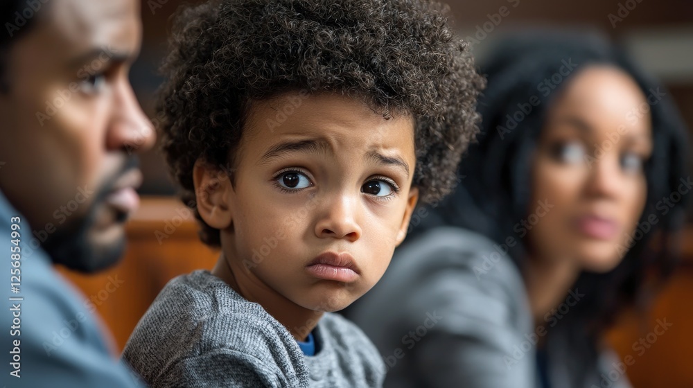 A dramatic courtroom scene with parents fighting over custody, as the child looks on anxiously from the corner A dramatic courtroom scene with parents fighting over custody, as the child looks on anxiously from the corner