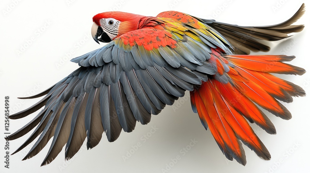 Fototapeta premium Vibrant scarlet macaw in mid-flight showcasing colorful plumage against a white backdrop