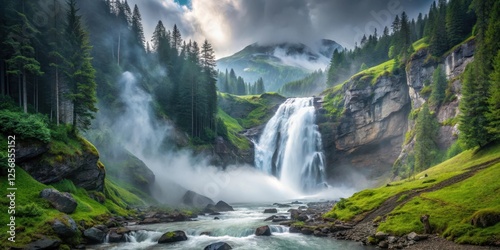 A serene misty veil surrounds the majestic Krimmler Wasserfall in Austrian Alps, creating an ethereal atmosphere , majestical waterfalls, mountains