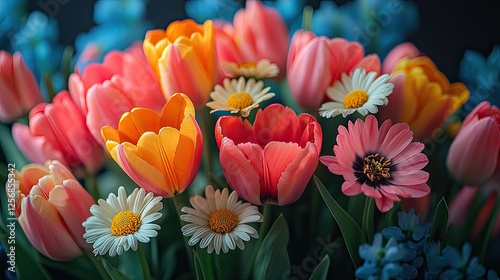 Vibrant bouquet of mixed tulips and daisies in a soft-focus background, showcasing spring beauty