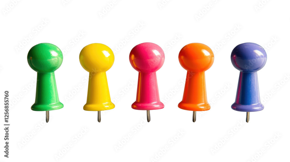 Five colorful pushpins standing on transparent background