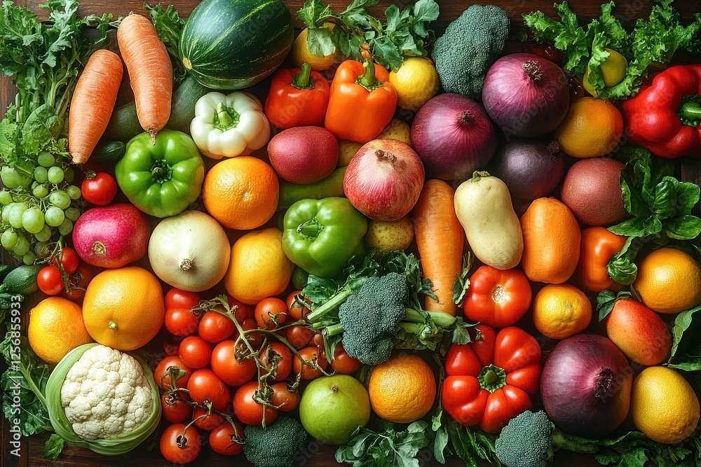 Photorealistic Arrangement of Fresh Vegetables and Fruits in Natural Light Photorealistic Arrangement of Fresh Vegetables and Fruits in Natural Light