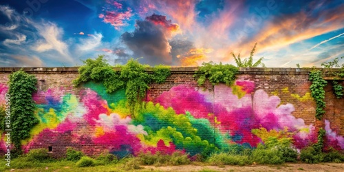 Vibrant graffiti painting with pink hues splattered on an old, worn brick wall, surrounded by overgrown greenery and a few wispy clouds in the sky, algae, faded brick
