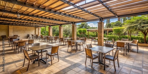 Abandoned outdoor seating area with empty chairs and tables under a partially covered patio , outdoor , empty chair