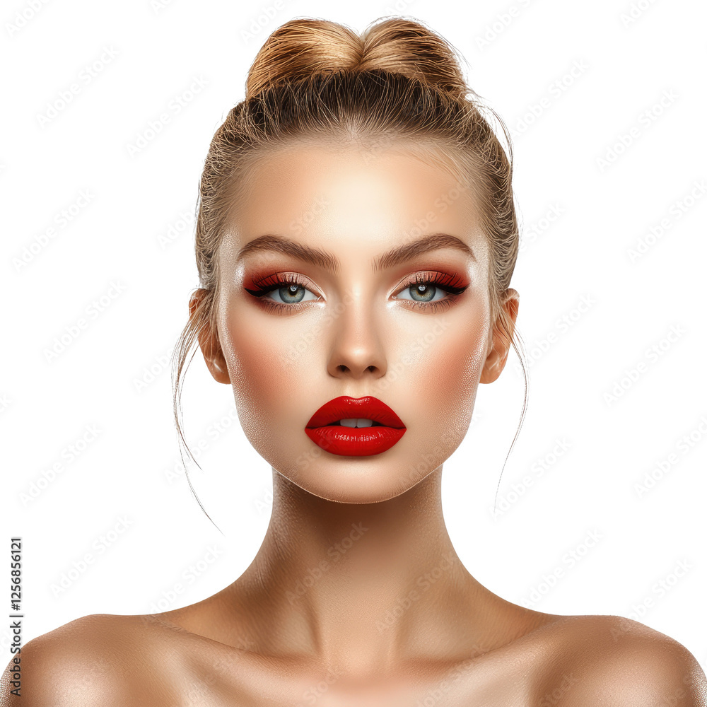 Stunning portrait of woman with bold red lips and striking eye makeup, showcasing flawless skin and sleek hairstyle, exuding confidence and beauty Stunning portrait of woman with bold red lips and striking eye makeup, showcasing flawless skin and sleek hairstyle, exuding confidence and beauty