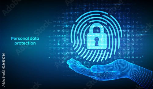 Fingerprint with padlock icon made with binary code in wireframe hand. Personal Data protection. Cyber Security. Biometrics identification. Digital background with digits 1.0. Vector Illustration.