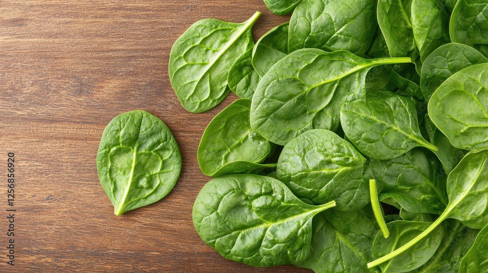 Fresh spinach leaves scattered on a wooden surface, showcasing their vibrant green color and smooth texture. Fresh spinach leaves scattered on a wooden surface, showcasing their vibrant green color and smooth texture.