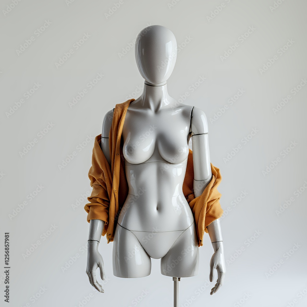 Aesthetic Studio shot of a Plastic Female Mannequin Model with a Pastel-Brown Colored Jacket and Neutral Background The Mannequin is Standing In Front of a White Background and a Warm Studio Shot Aesthetic Studio shot of a Plastic Female Mannequin Model with a Pastel-Brown Colored Jacket and Neutral Background The Mannequin is Standing In Front of a White Background and a Warm Studio Shot