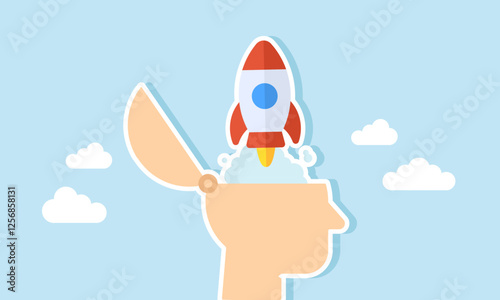 A rocket launching from inside a head, illustration of emerging business ideas and innovations