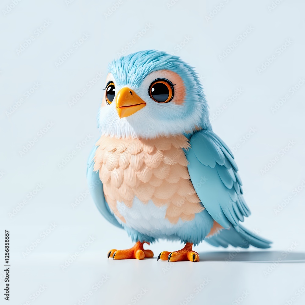 Obraz premium An illustration image of a bird in pastel colored style fluffy in a plastic and shiny style, colorful, plastic and shiny style, cute, with big eyes, in a plastic background with clean lines and a