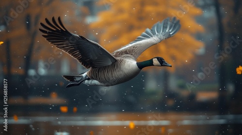 Canada goose flying above a calm lake with autumn foliage in the background. Generative AI photo