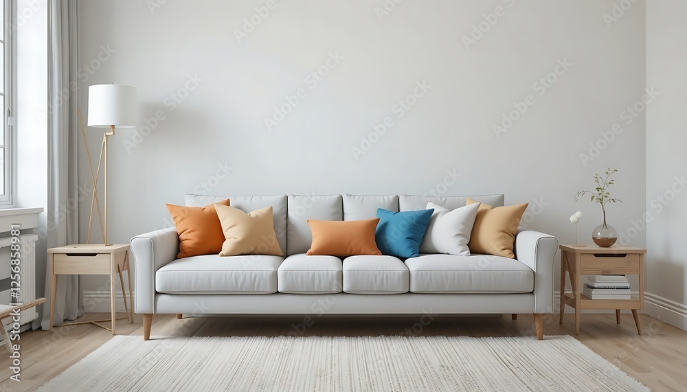 Modern minimalist living room interior design with light grey sofa and colorful pillows
