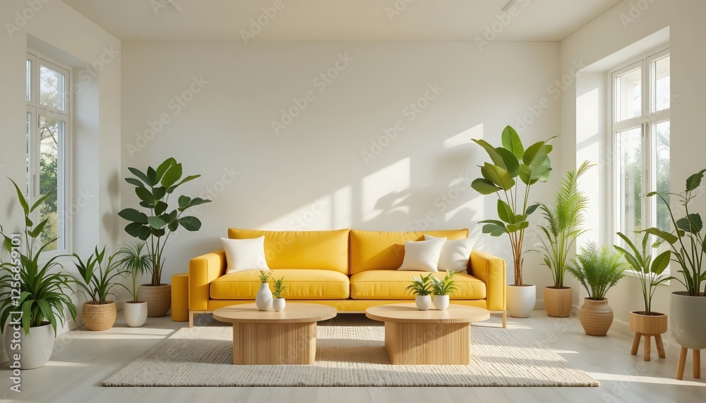 Bright and Airy Living Room with Yellow Sofa and Lush Greenery