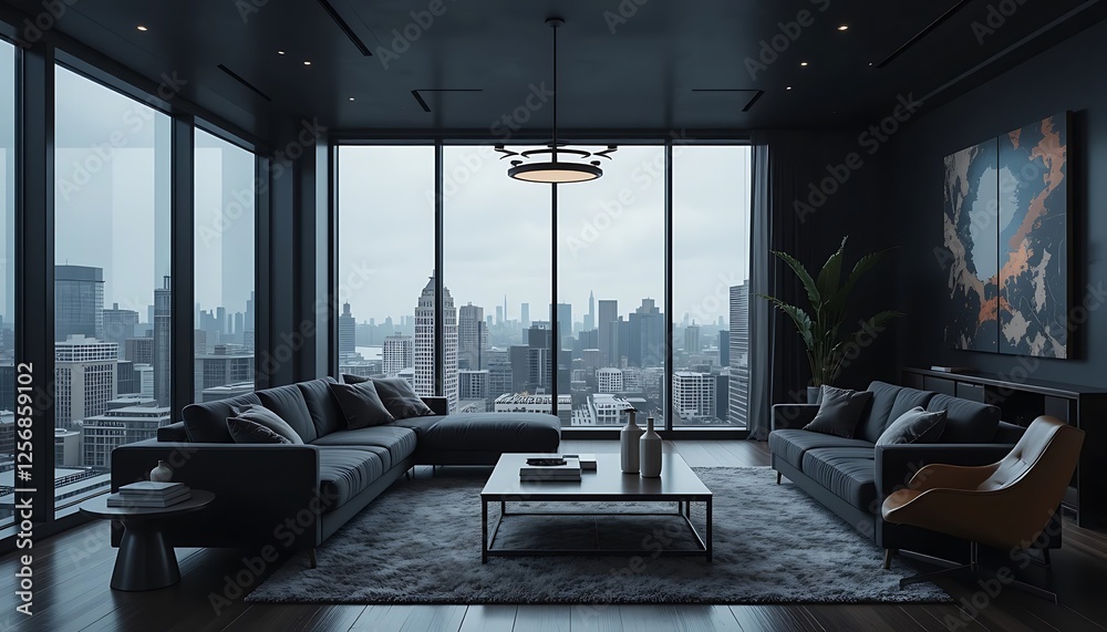 Modern Luxury Apartment Living Room with Stunning City View at Night