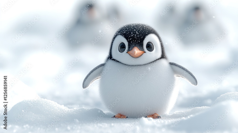 Fototapeta premium Adorable penguin chick standing in snowy landscape with other penguins blurred in background