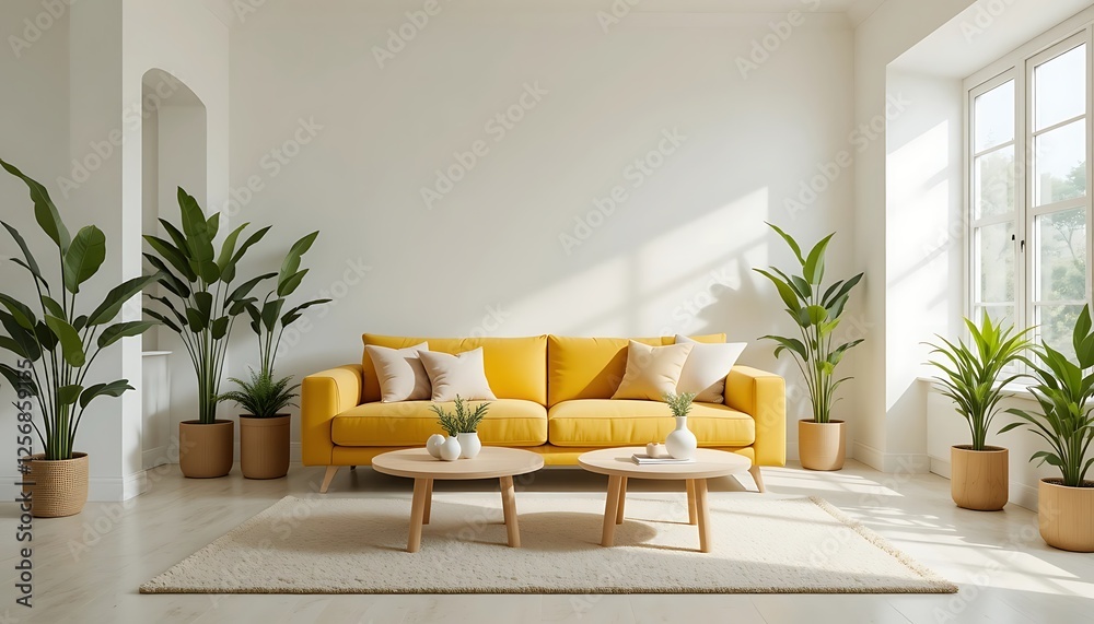 Bright and airy living room with yellow sofa, plants, and coffee tables near a large window
