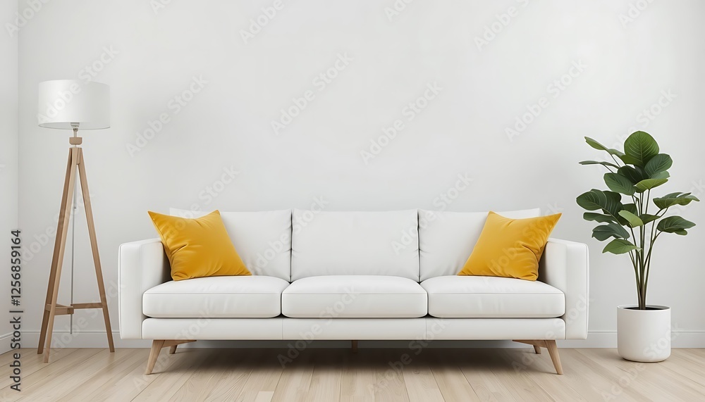 Modern minimalist living room interior design with white sofa, yellow pillows, and a tripod floor lamp