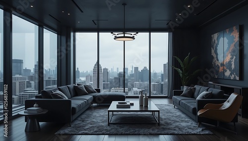 Obraz na płótnie Modern Luxury Apartment Living Room with Stunning City View at Night w salonie
