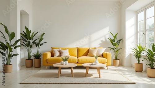 Obraz na płótnie Bright and airy living room with yellow sofa, plants, and coffee tables near a large window w salonie