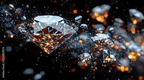 Glimmering diamonds floating in a dark space, surrounded by sparkling particles and light effects