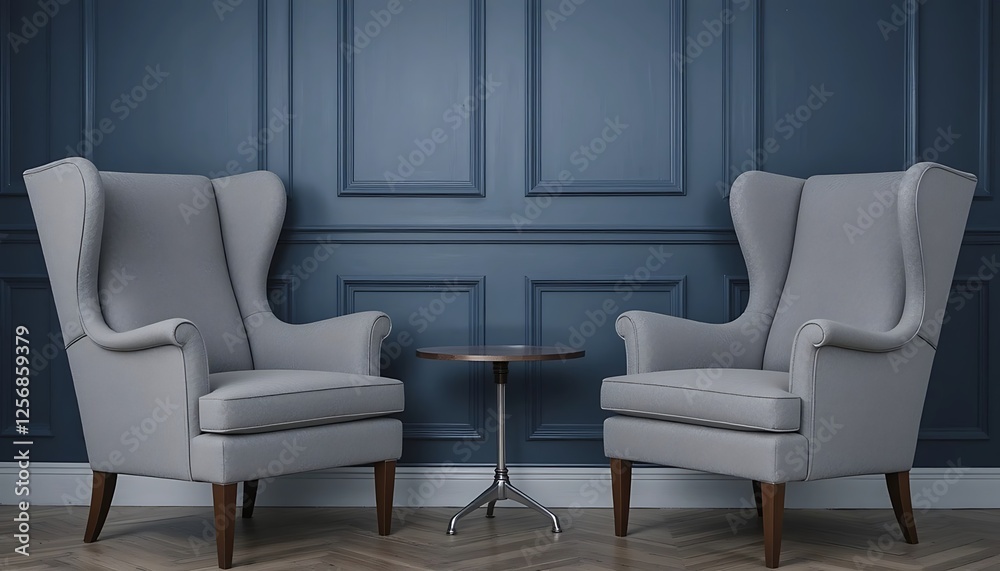 Two Elegant Light Gray Wingback Armchairs with a Small Round Table in a Classic Blue Room