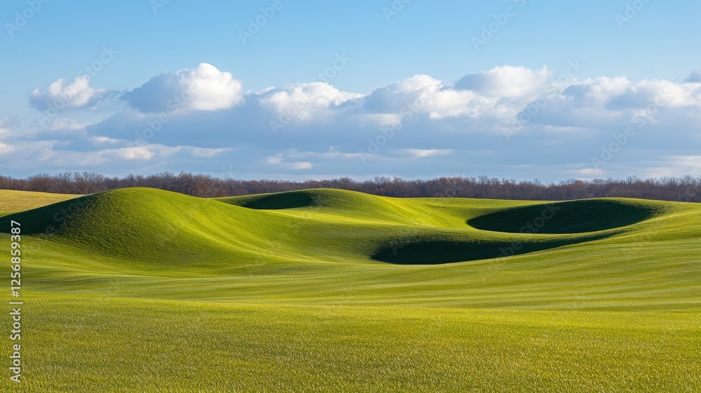 Fototapeta premium Rolling Green Hills Under a Bright Blue Sky with Clouds