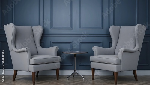 Obraz na płótnie Two Elegant Light Gray Wingback Armchairs with a Small Round Table in a Classic Blue Room w salonie