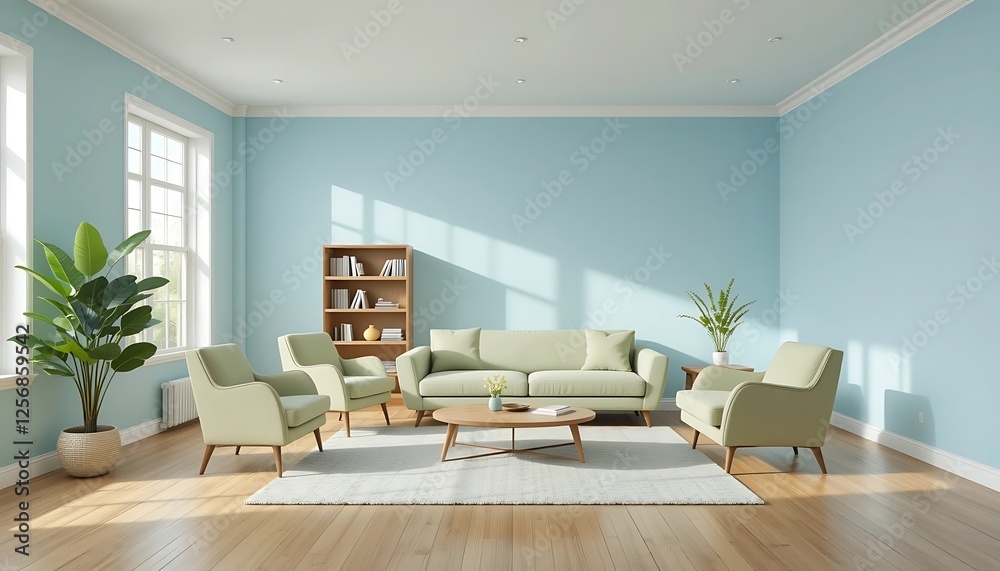 Modern Light Green Living Room Interior Design with Light Blue Walls and Wooden Floor