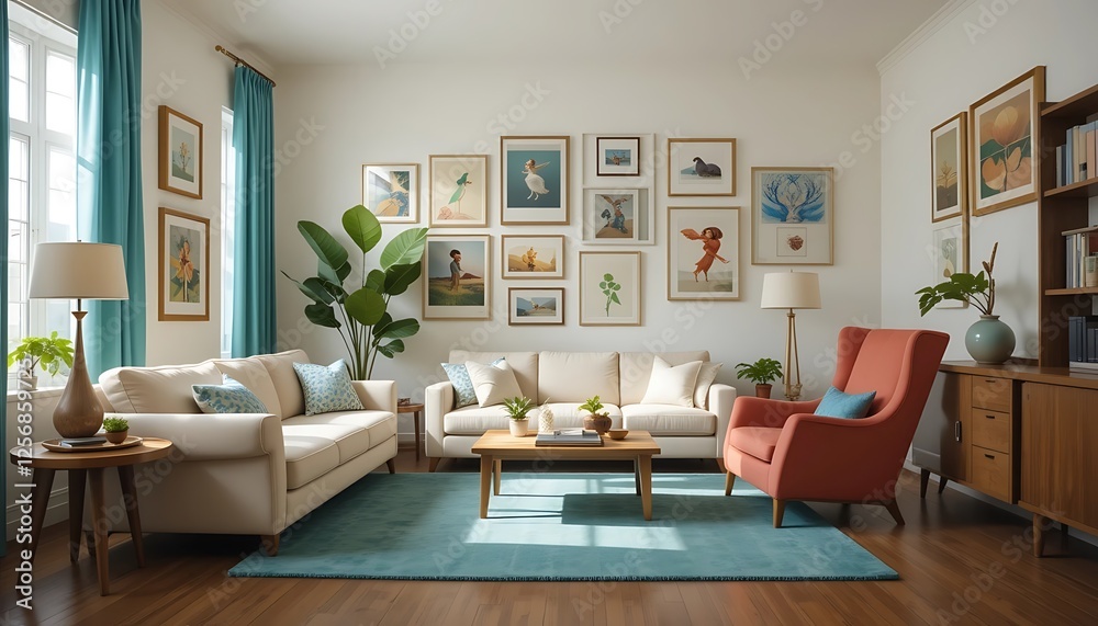 Modern Living Room Interior Design with Teal Accents and Gallery Wall
