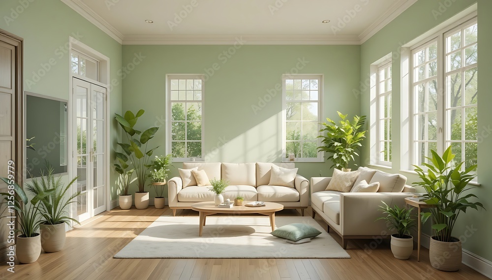 Bright and Airy Living Room with Beige Sofa, Green Plants, and Large Windows