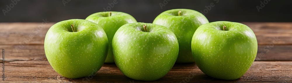 Fresh green apples arranged on a wooden surface, showcasing their vibrant color and natural shine. Fresh green apples arranged on a wooden surface, showcasing their vibrant color and natural shine.
