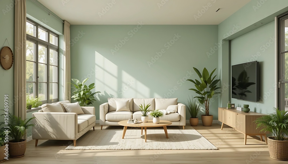 Modern Light Green Living Room with Beige Sofa, Plants, and Wooden TV Stand