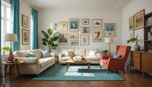 Obraz na płótnie Modern Living Room Interior Design with Teal Accents and Gallery Wall w salonie