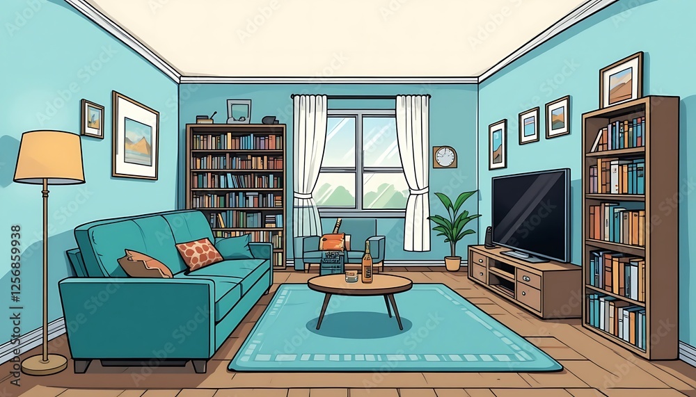 Cozy Teal Living Room with Bookshelves, Sofa, and Flat Screen TV