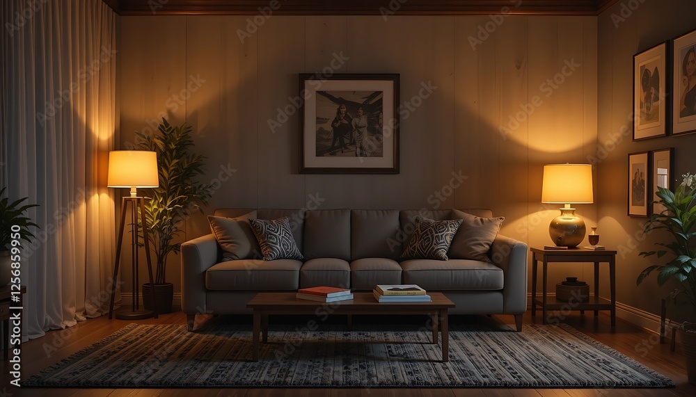 Cozy Living Room Interior Design at Night with Warm Lighting, Comfortable Sofa, and Stylish Decor