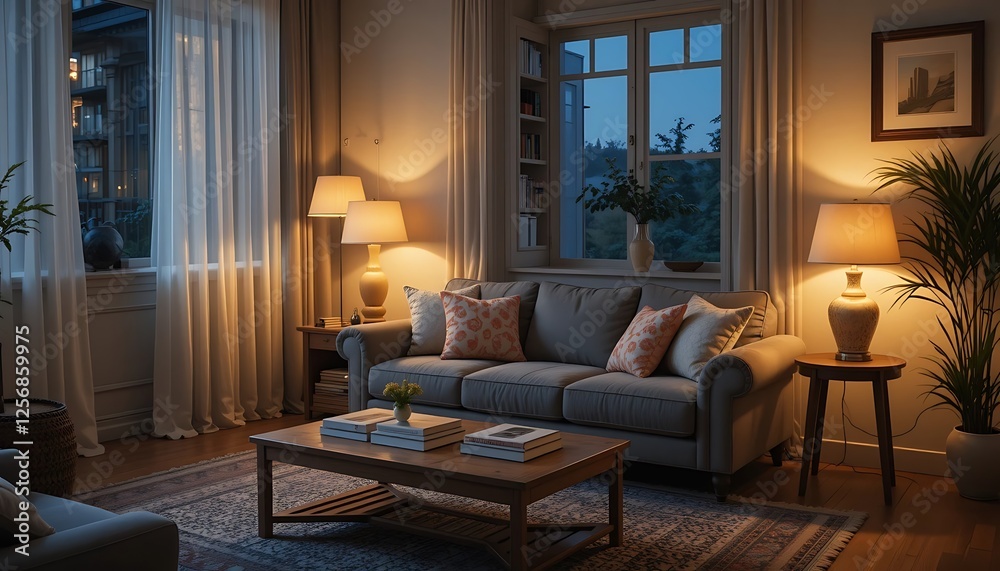 Cozy Living Room Evening Scene with Warm Lighting, Comfortable Sofa, and Elegant Lamps