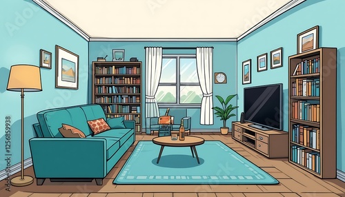 Obraz na płótnie Cozy Teal Living Room with Bookshelves, Sofa, and Flat Screen TV w salonie
