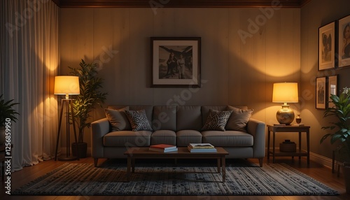 Cozy Living Room Interior Design at Night with Warm Lighting, Comfortable Sofa, and Stylish Decor