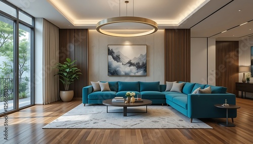 Modern Teal Sectional Sofa in Luxurious Living Room with Mountain Landscape Art