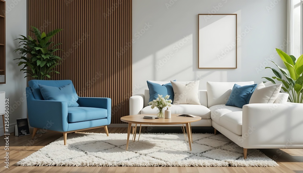Modern living room interior design with white sectional sofa, blue armchair, wooden coffee table, and minimalist decor