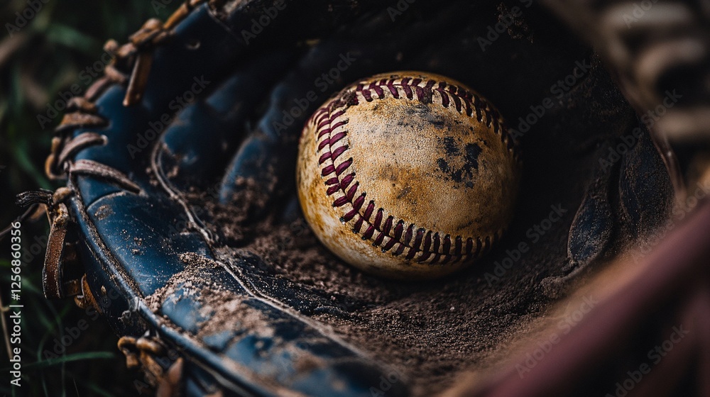 Baseball glove holding dirty baseball on the ground Baseball glove holding dirty baseball on the ground