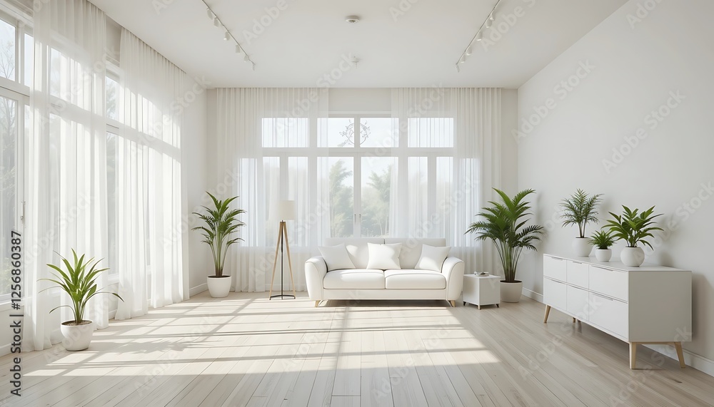 Bright and airy minimalist living room with white sofa, plants, and large windows