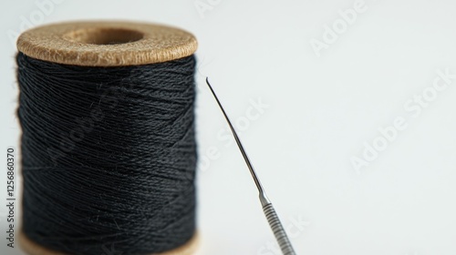 Black thread spool and needle on white background; sewing craft (1)