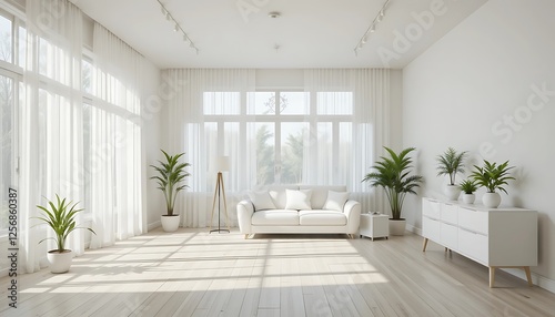 Bright and airy minimalist living room with white sofa, plants, and large windows