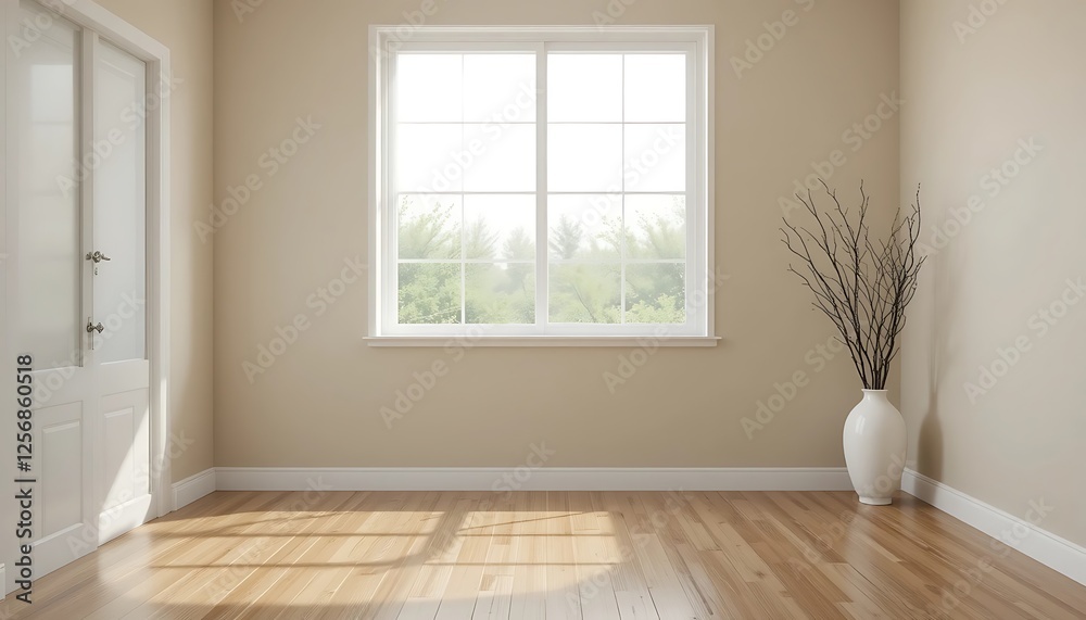 Fototapeta premium Empty Light Beige Room with White Door, Window, and Vase of Branches